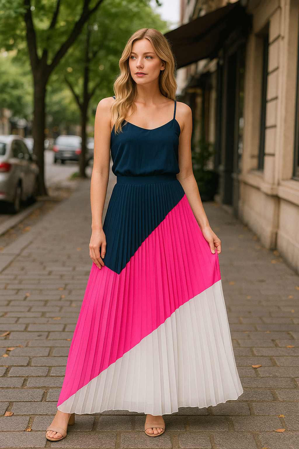 Gabrielle pleated midi skirt in navy, pink and white