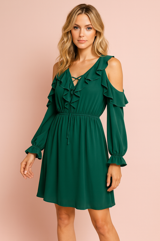 Elyse hunter green peek a boo ruffle shoulder dress