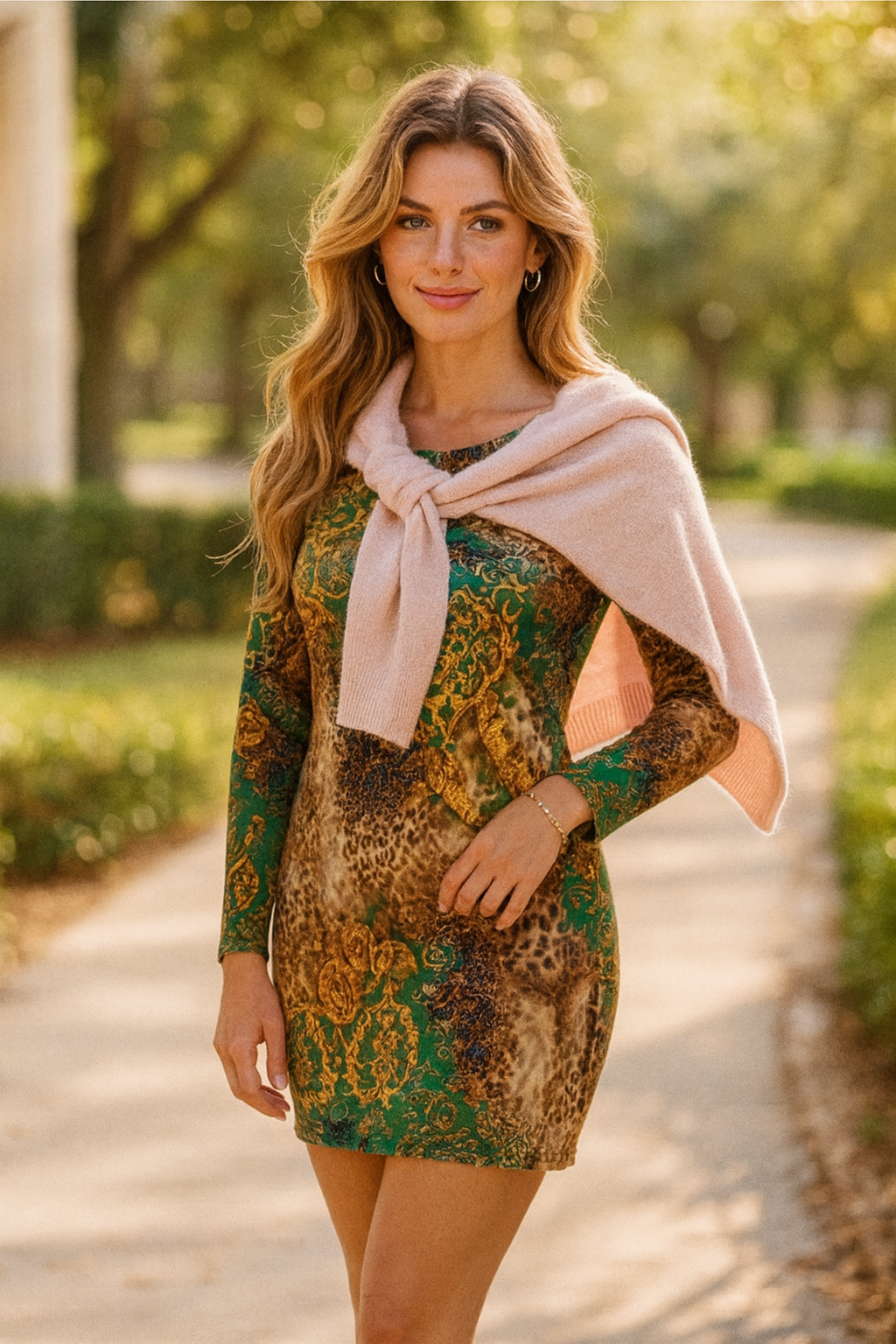 Lucia green mini dress with long sleeves in stretch