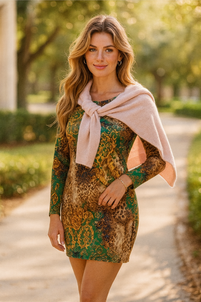 Lucia green mini dress with long sleeves in stretch