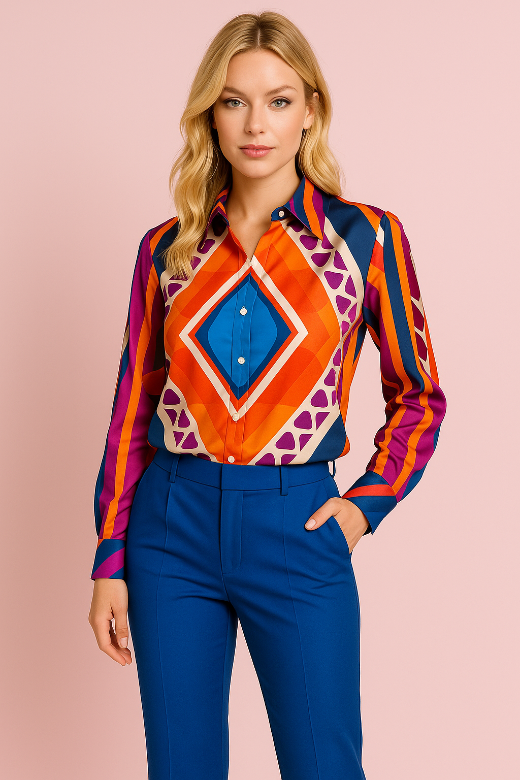 Liliana blouse in orange and blue satin