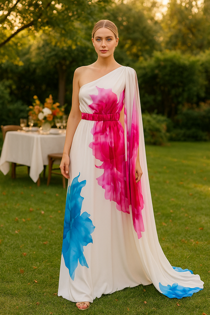 Bethenny one shoulder white maxi dress with an oversize floral print handpainted