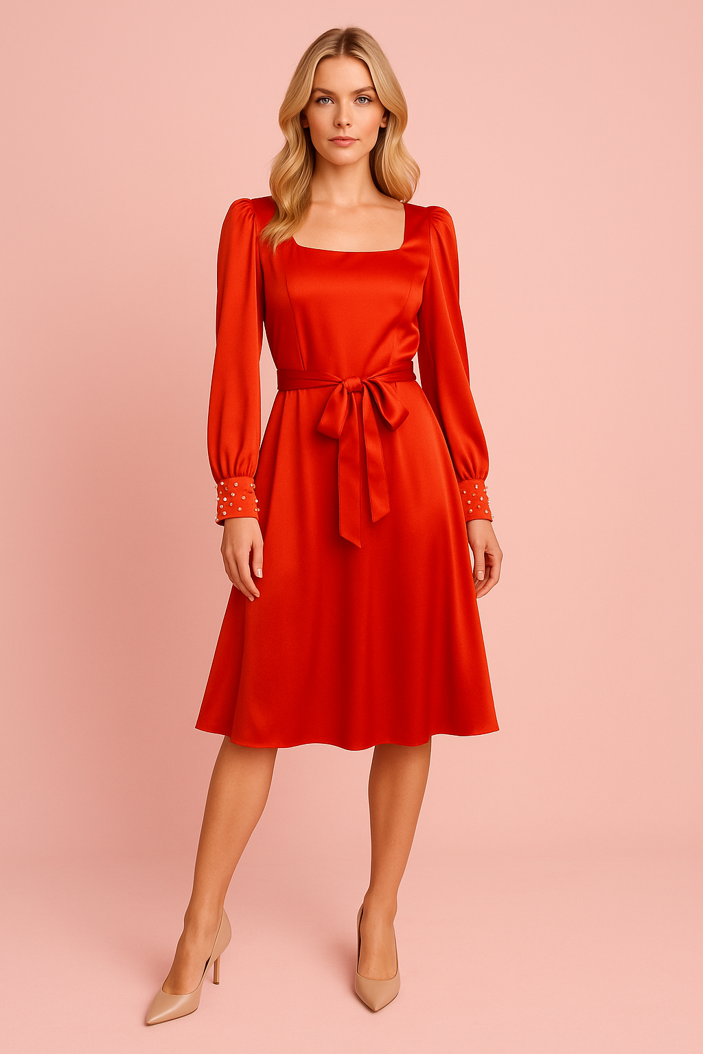Esther red silk dress in charmeuse with pearl cuffs