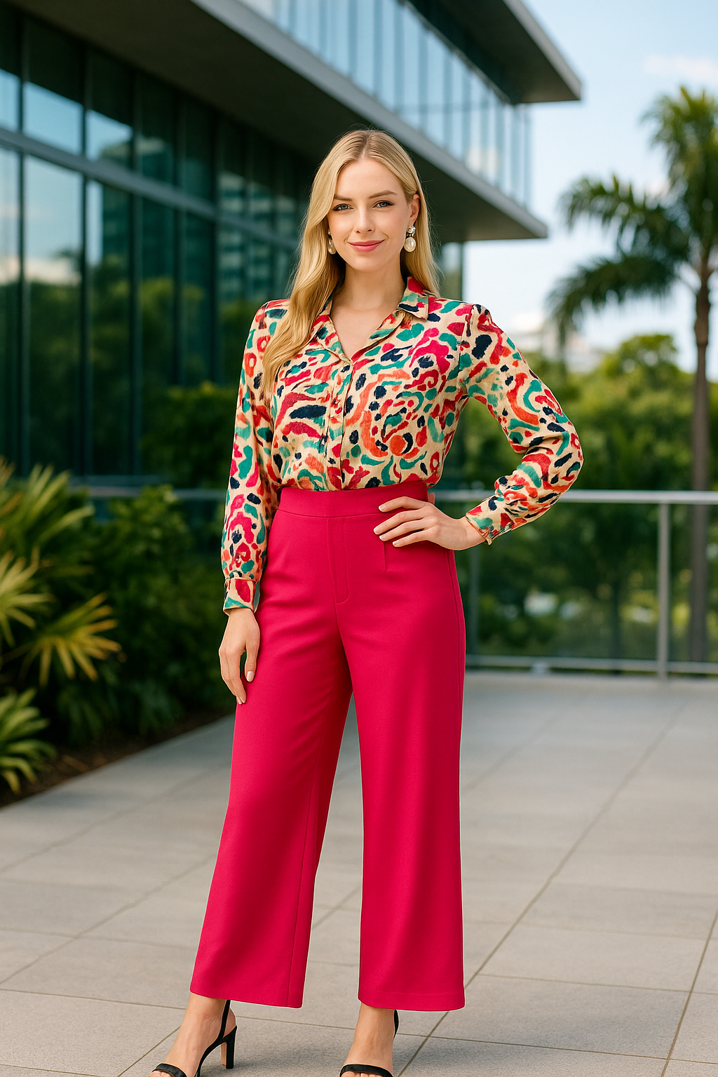 Ella Top in green and pink print