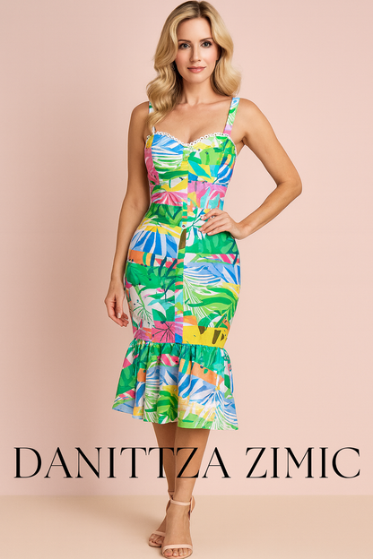 Lili midi tropical green print dress
