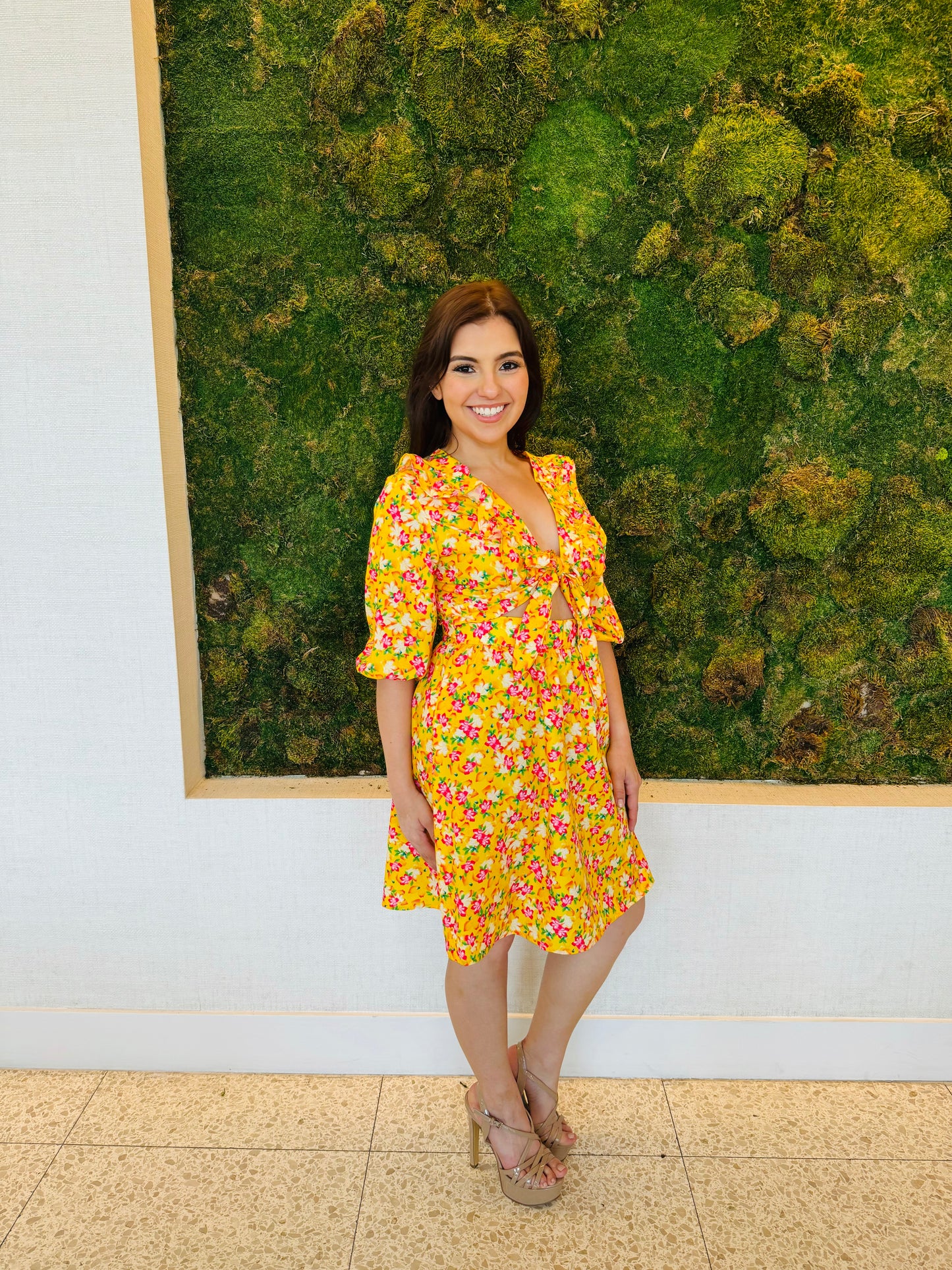Irma sundress in yellow floral print cut out dress
