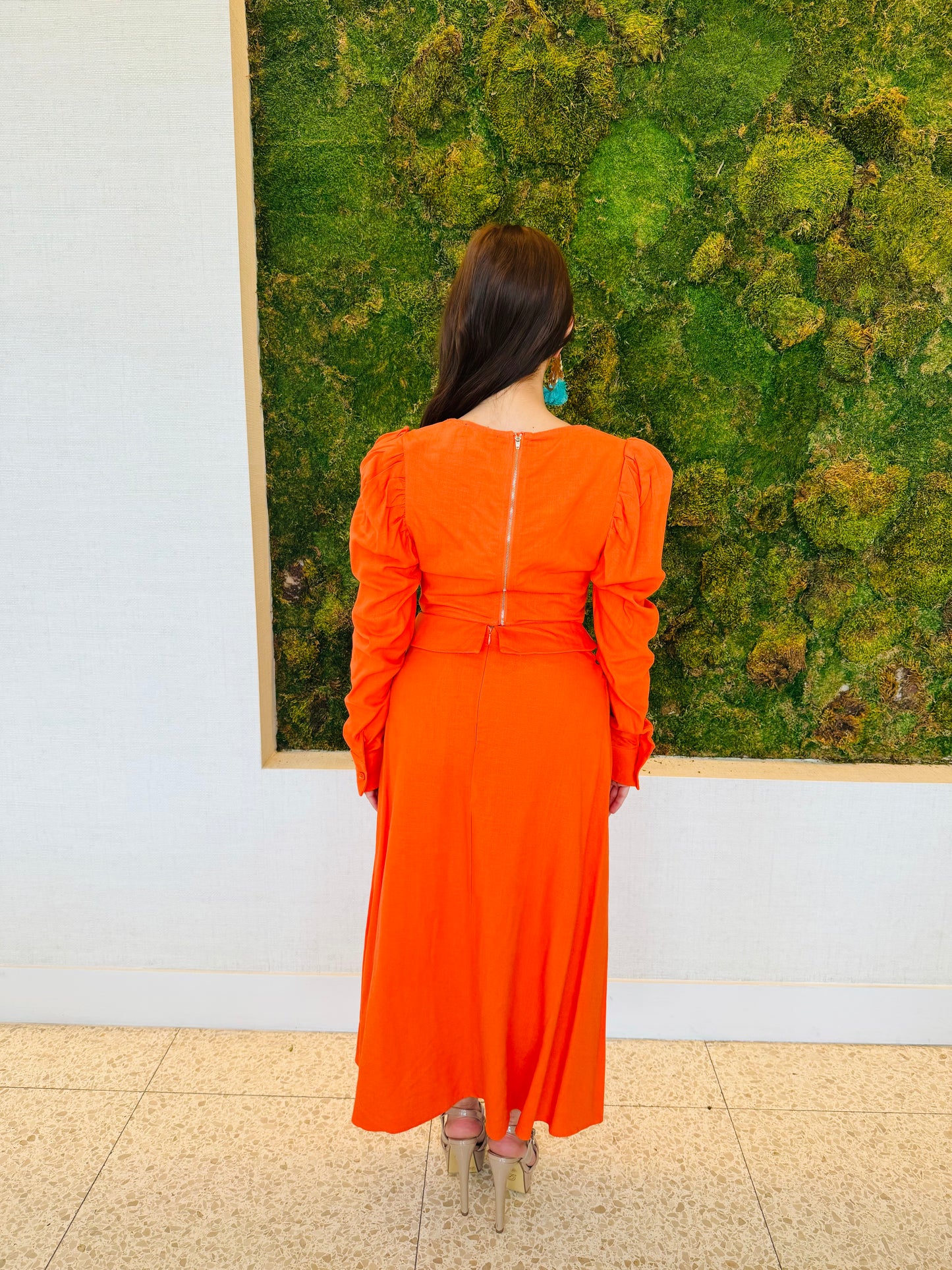 Alexandra orange linen crop top with long sleeves