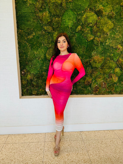 Gisela rouged mesh in hot pink, white and orange midi dress