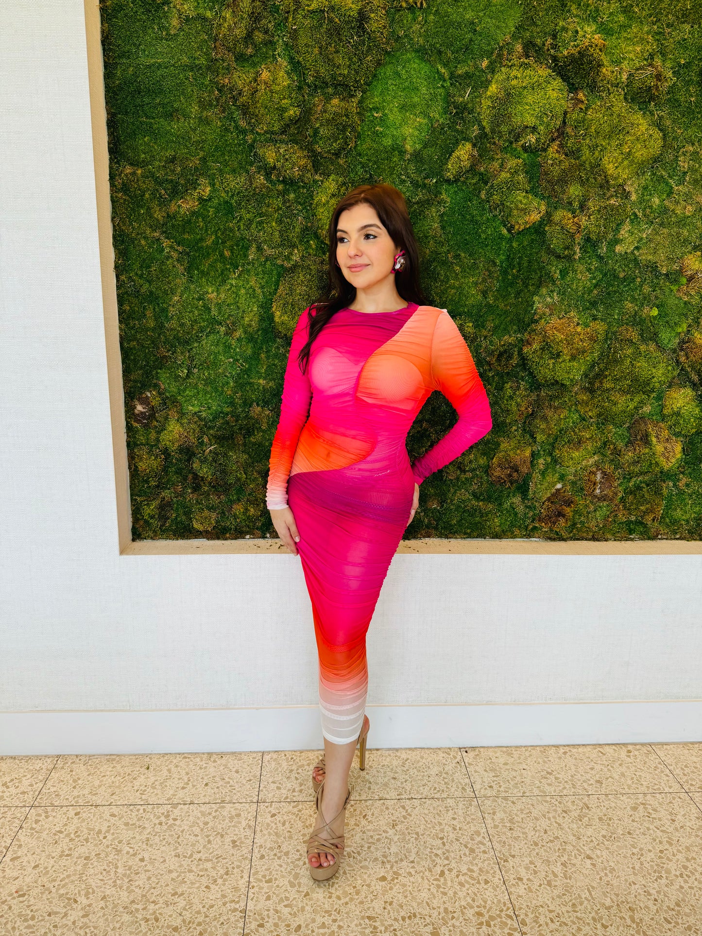 Gisela rouged mesh in hot pink, white and orange midi dress