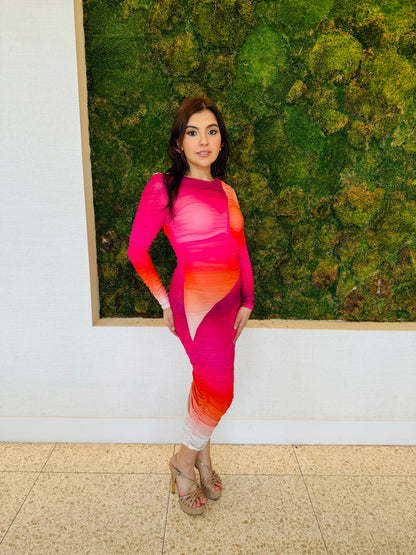 Gisela rouged mesh in hot pink, white and orange midi dress