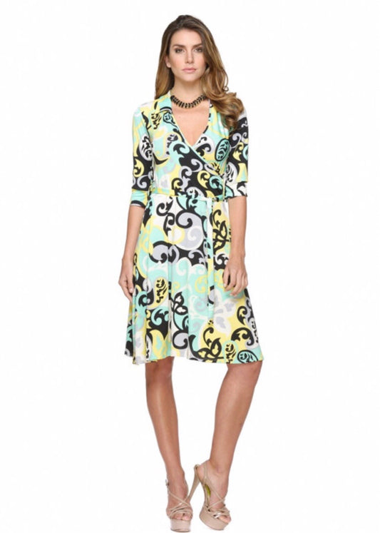 Harmonia faux wrap dress in mint and black print jersey