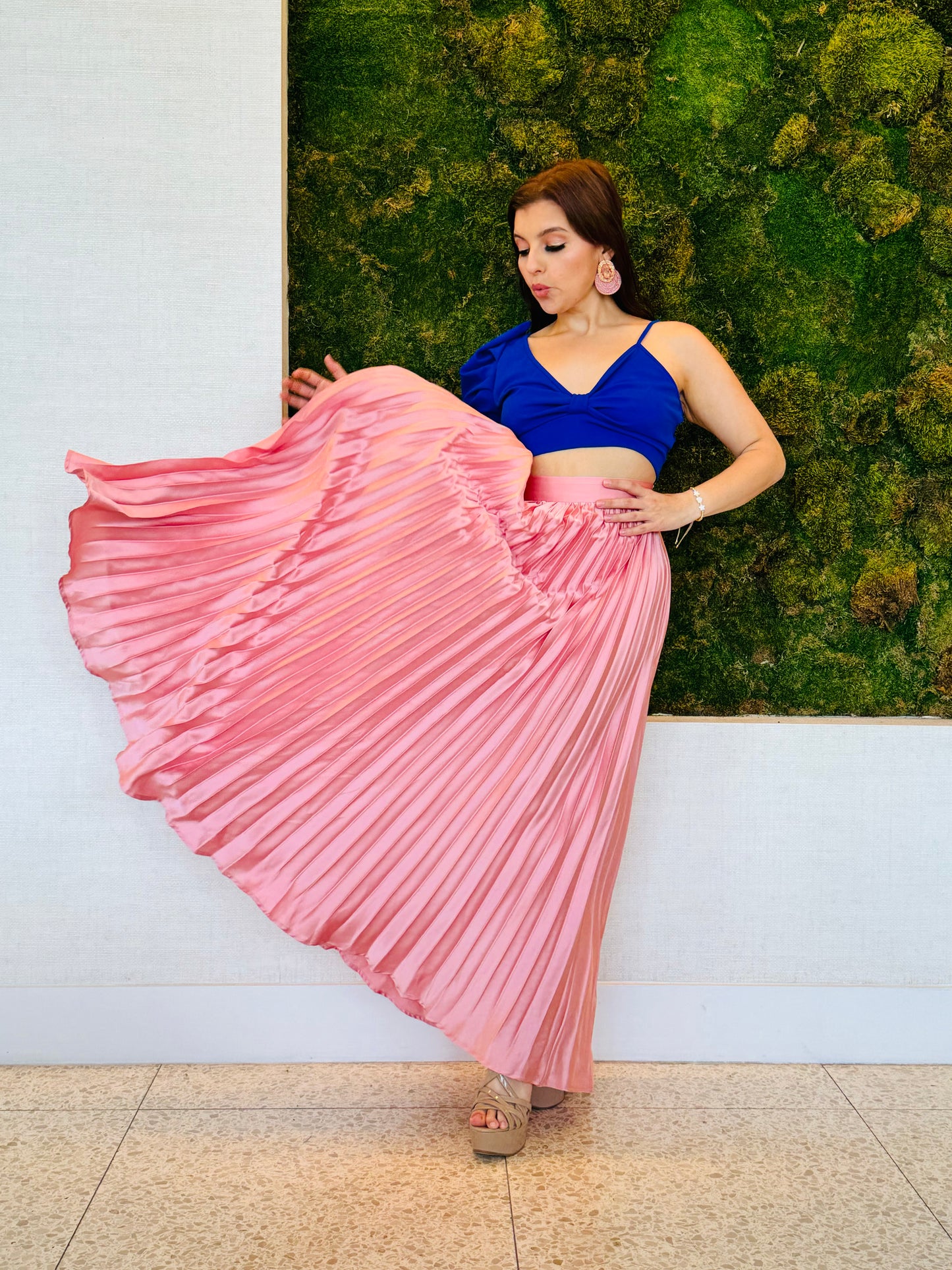 Diana long maxi skirt in nude pink pleated