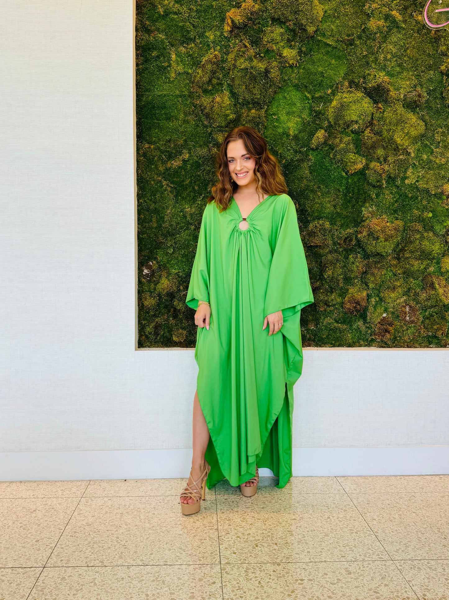 Marley kaftan in  green with a hoop detail in the center