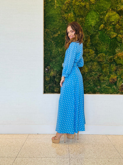 Astrid light blue polka dot maxi dress with long sleeves