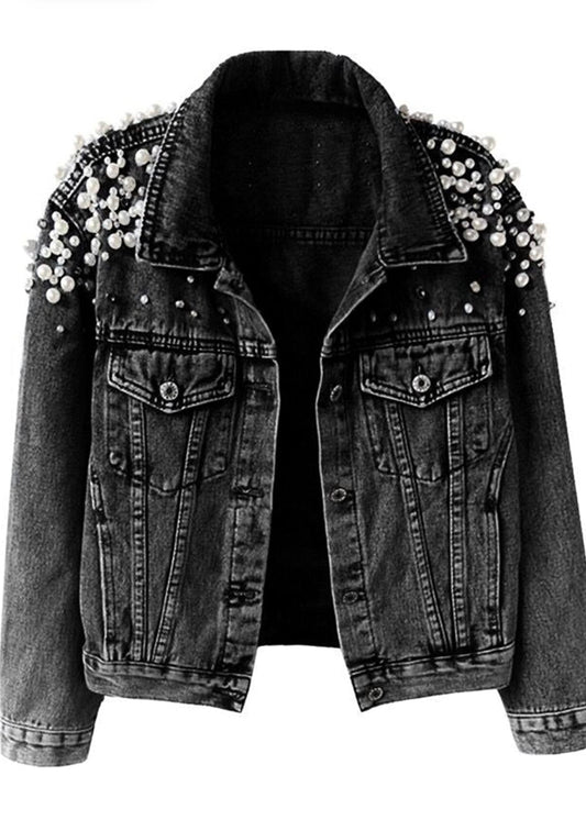 Miri black jean jacket with pearls