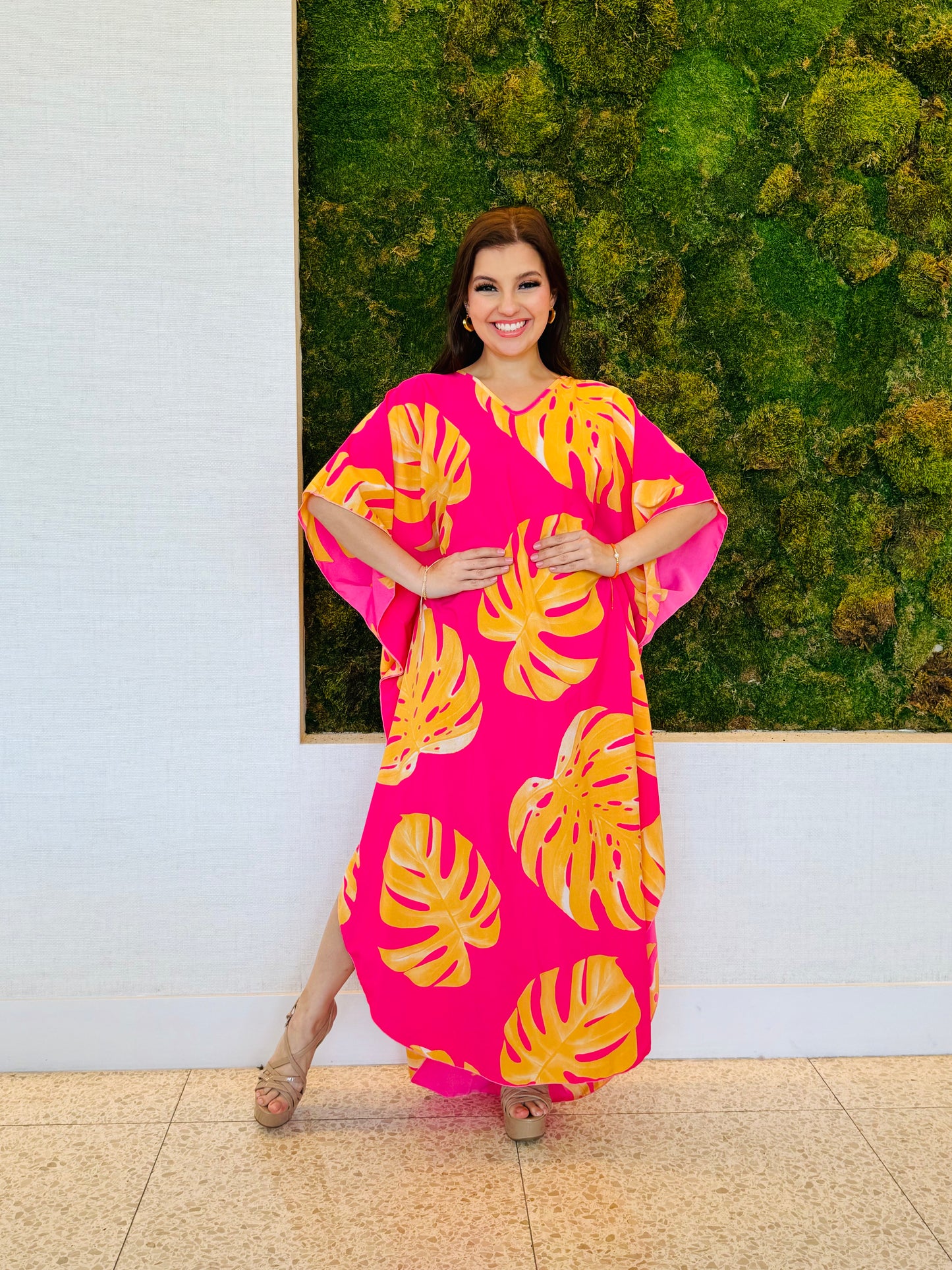 Ivanna Kaftan in pink with orange and yellow palms print