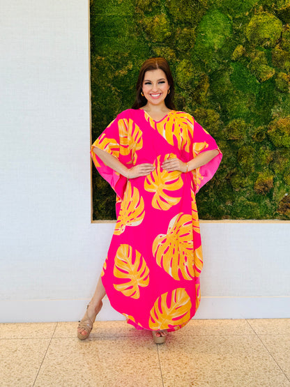 Ivanna Kaftan in pink with orange and yellow palms print