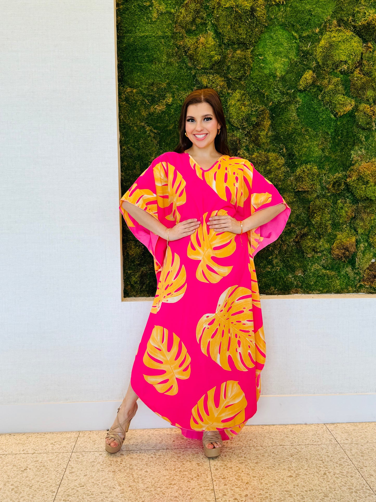 Ivanna Kaftan in pink with orange and yellow palms print