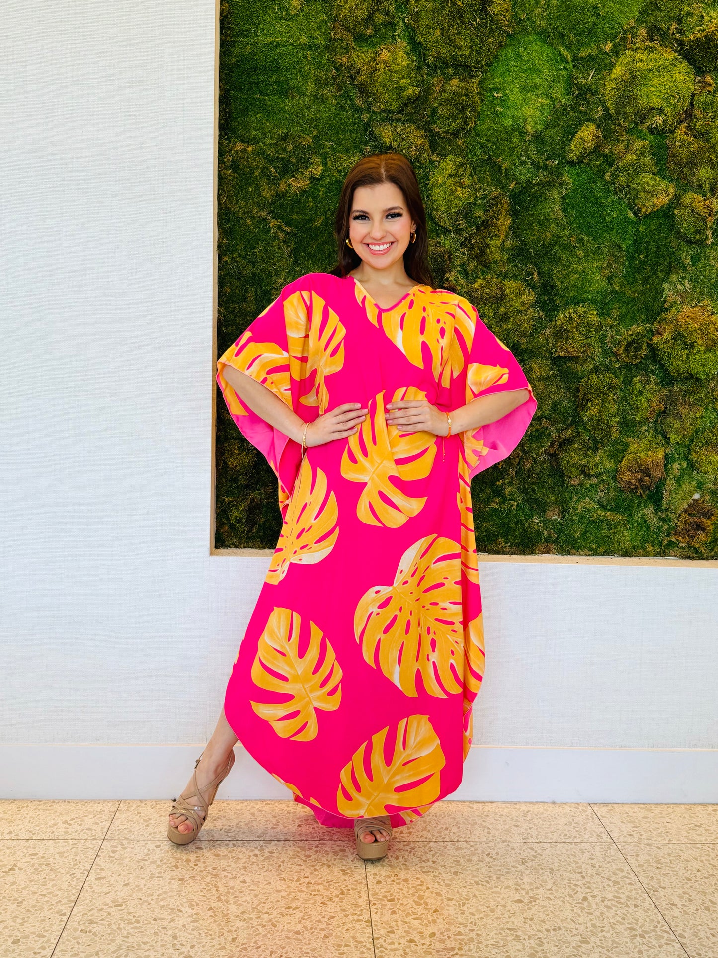 Ivanna Kaftan in pink with orange and yellow palms print