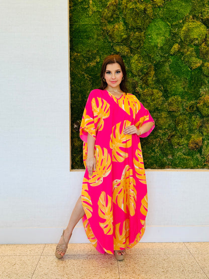 Ivanna Kaftan in pink with orange and yellow palms print