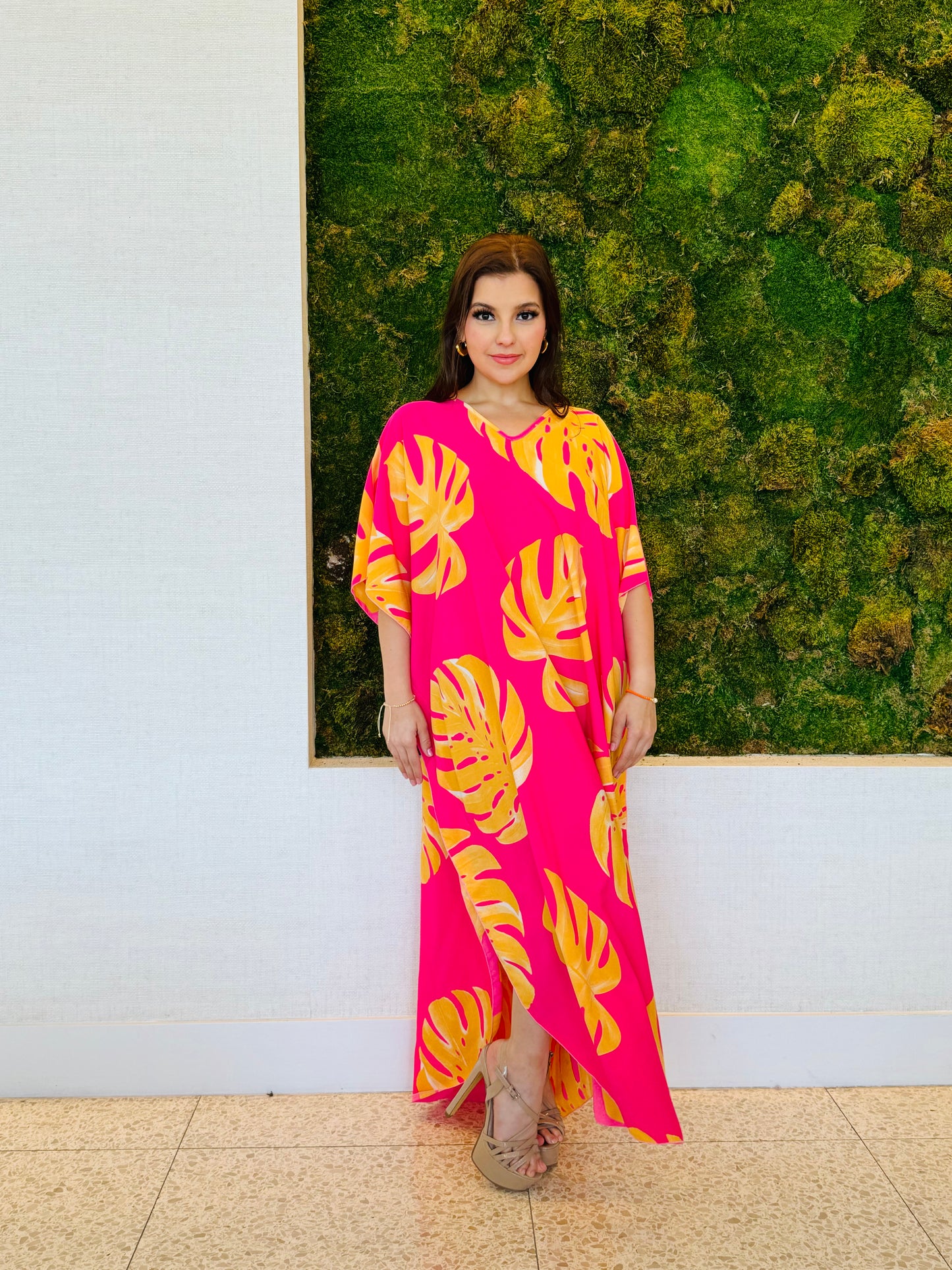 Ivanna Kaftan in pink with orange and yellow palms print