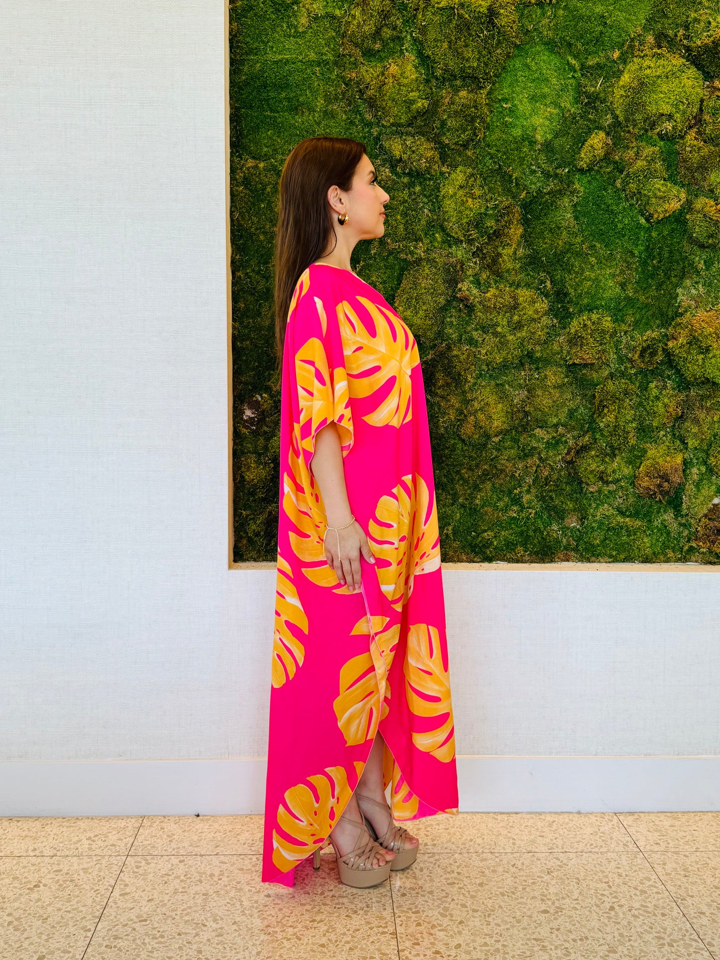 Ivanna Kaftan in pink with orange and yellow palms print