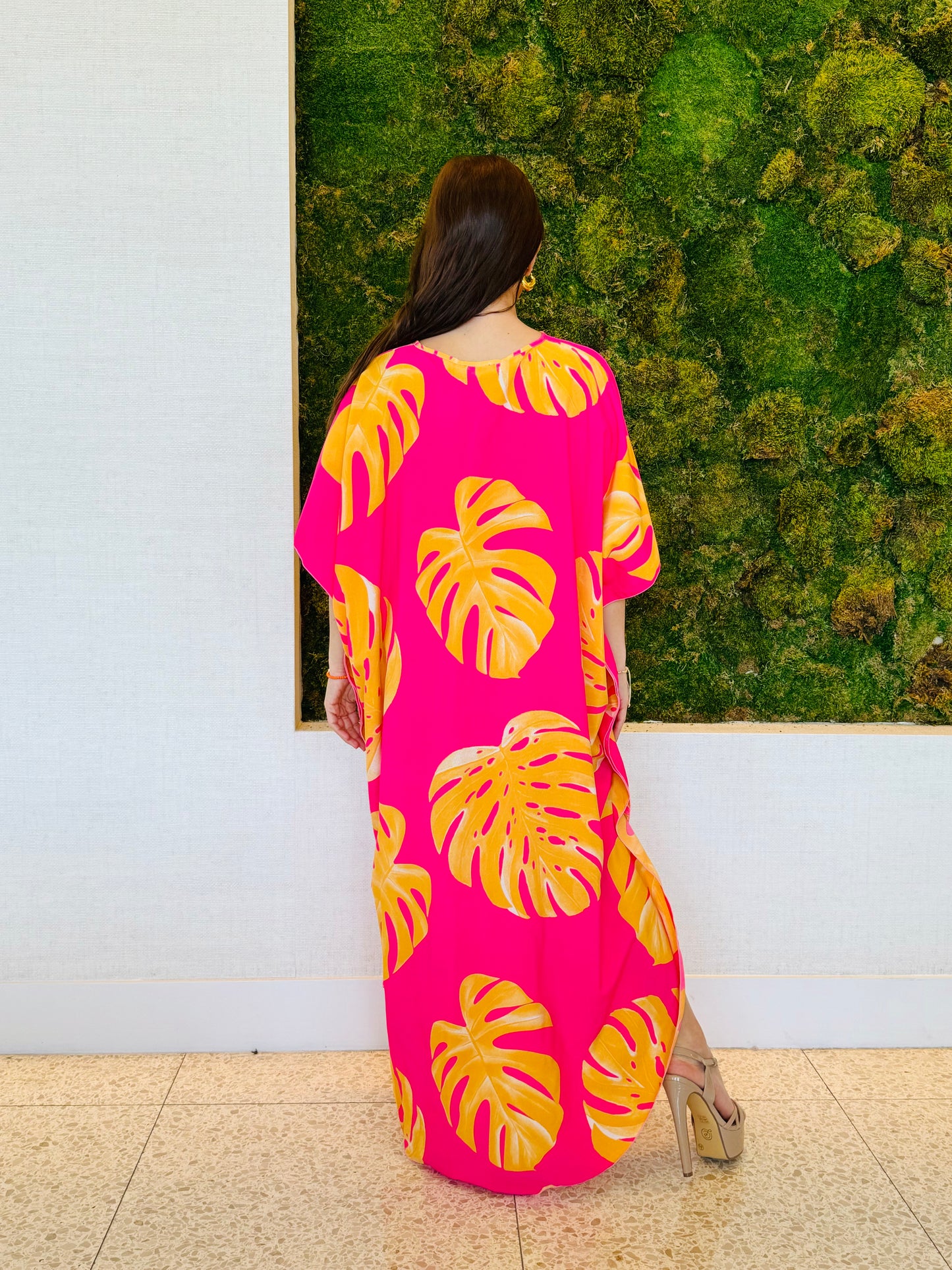 Ivanna Kaftan in pink with orange and yellow palms print