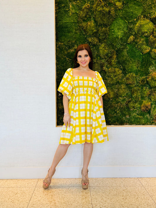 Isadora yellow plaid dress with a bee panel elastic bust