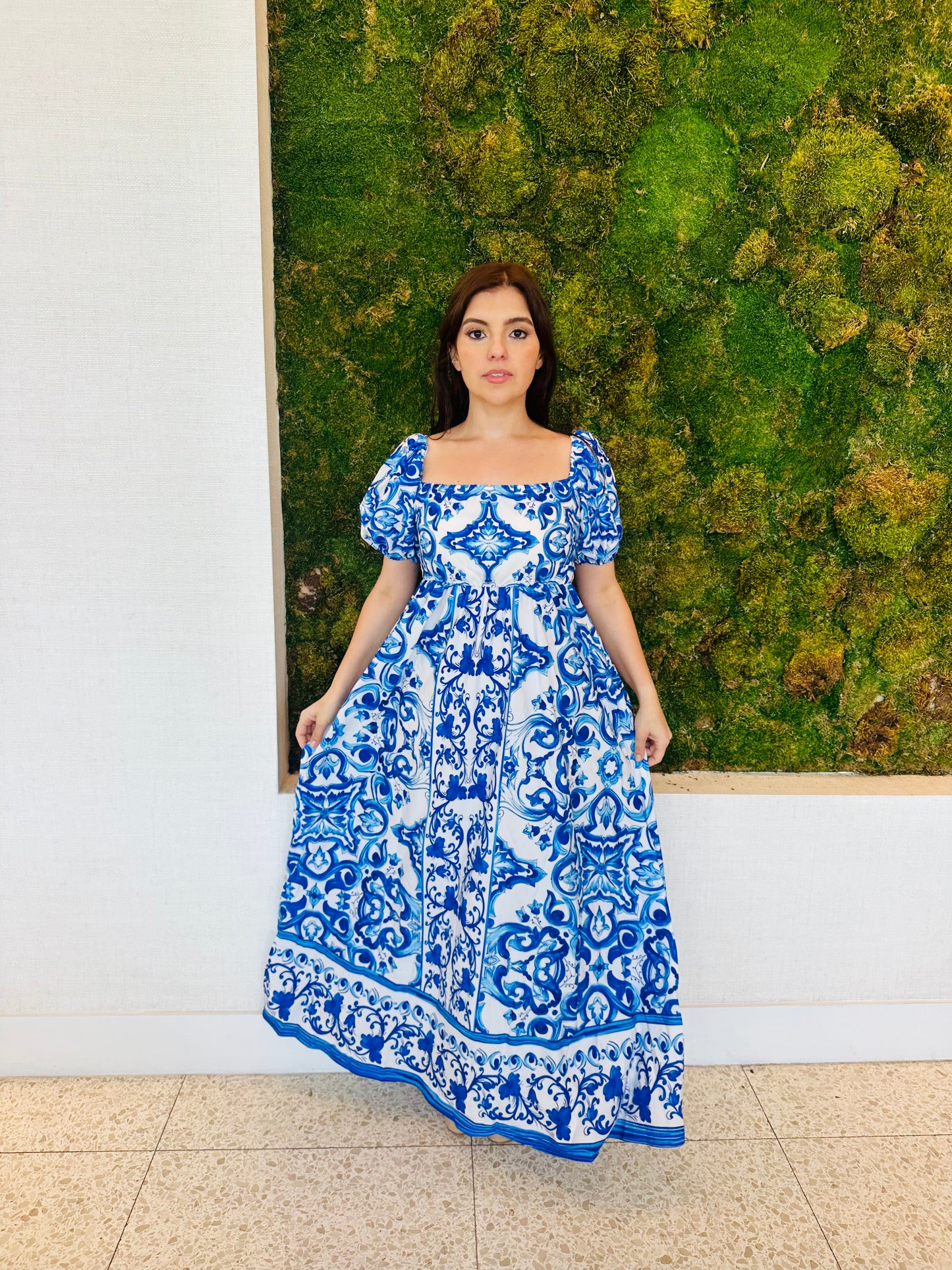 Renata off the shoulder maxi dress in blue print