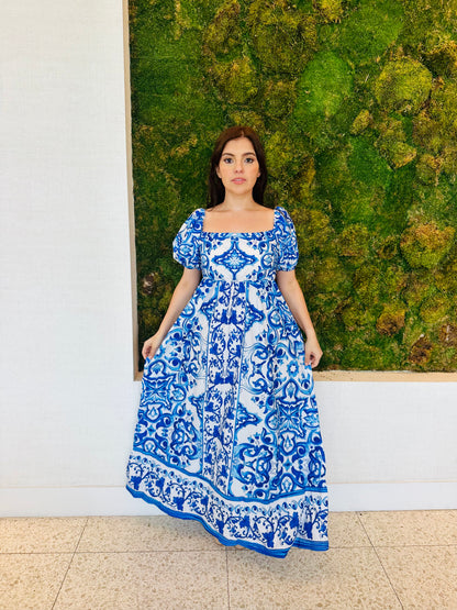 Renata off the shoulder maxi dress in blue print