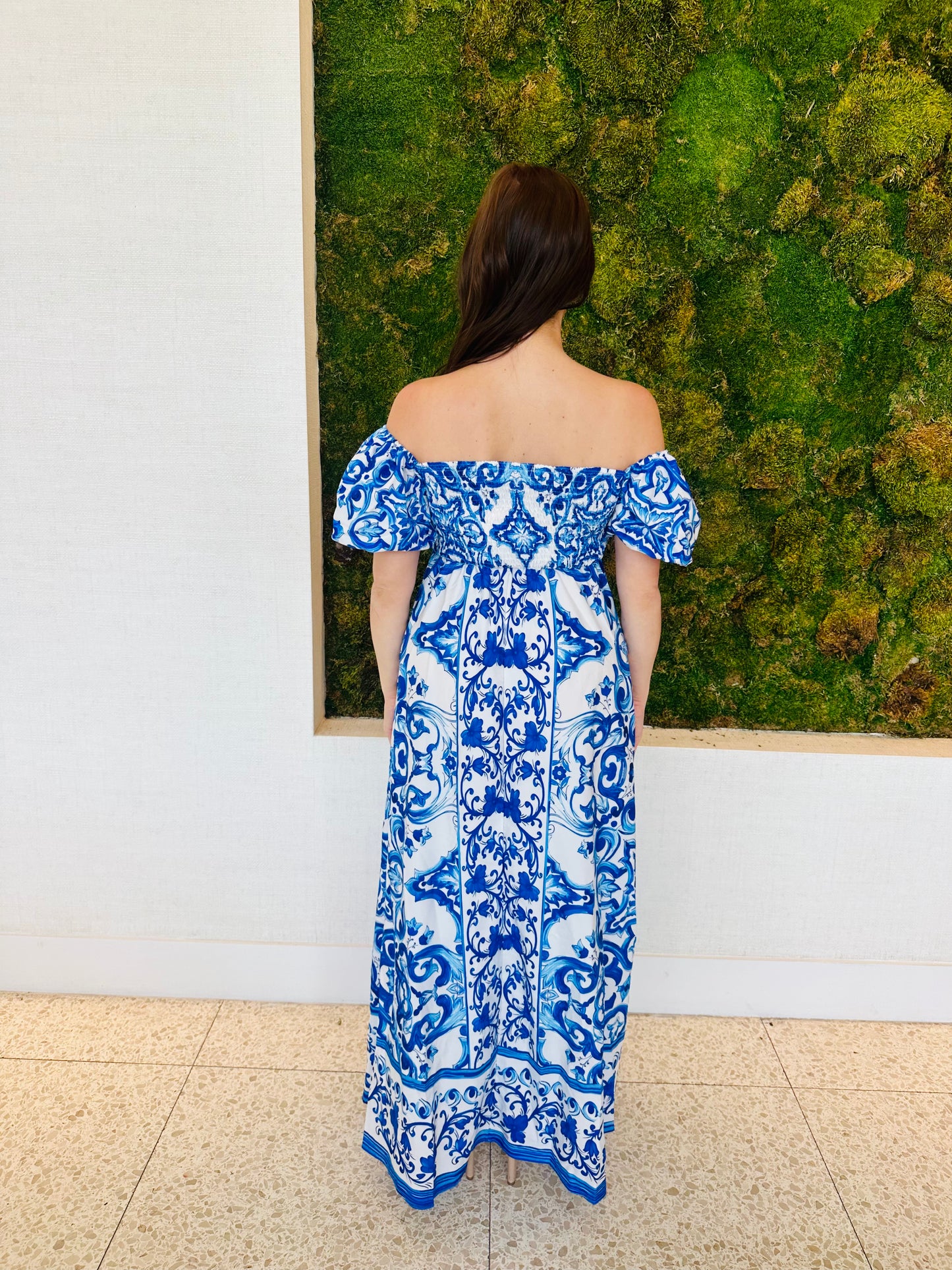 Renata off the shoulder maxi dress in blue print
