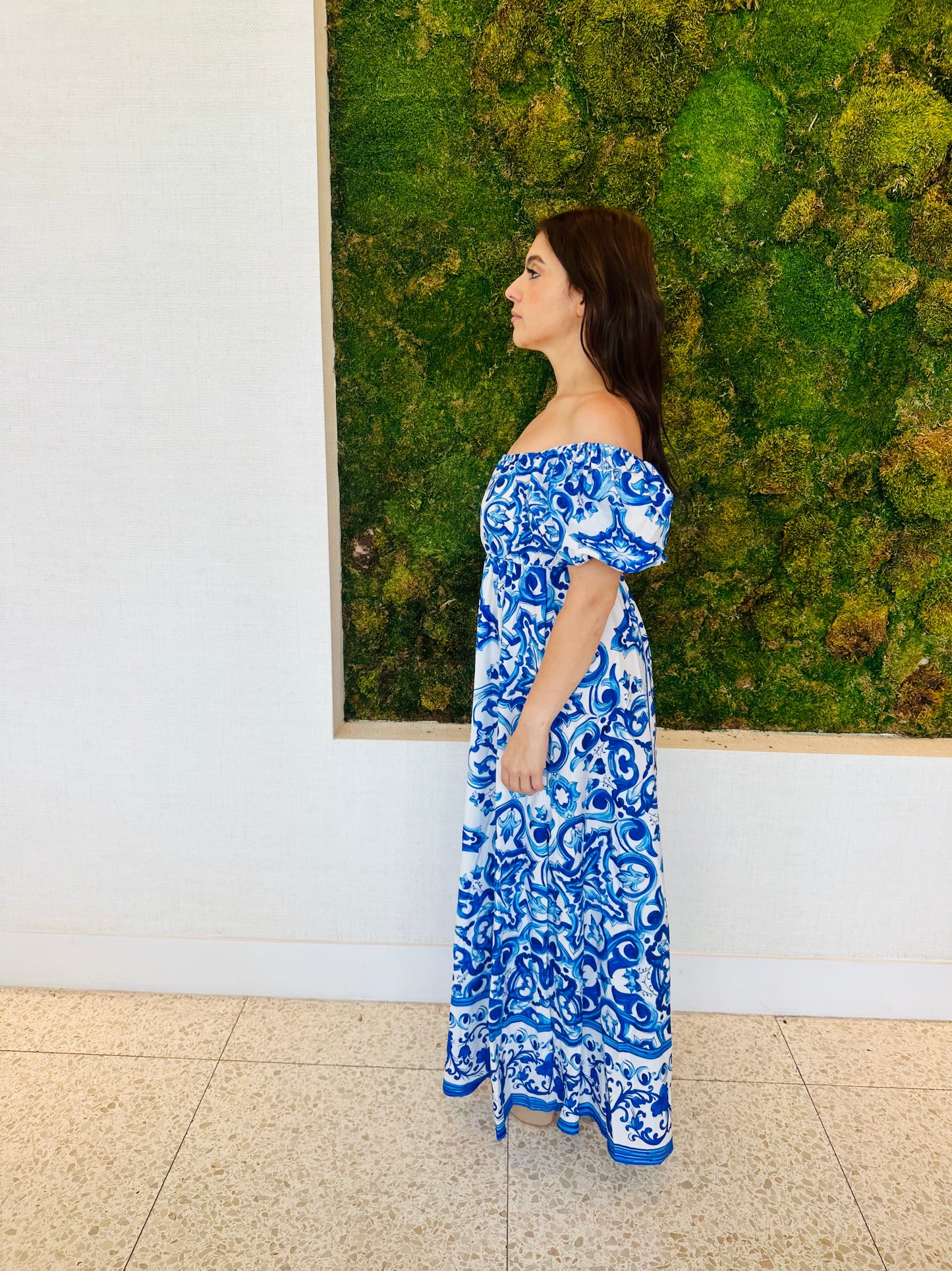 Renata off the shoulder maxi dress in blue print