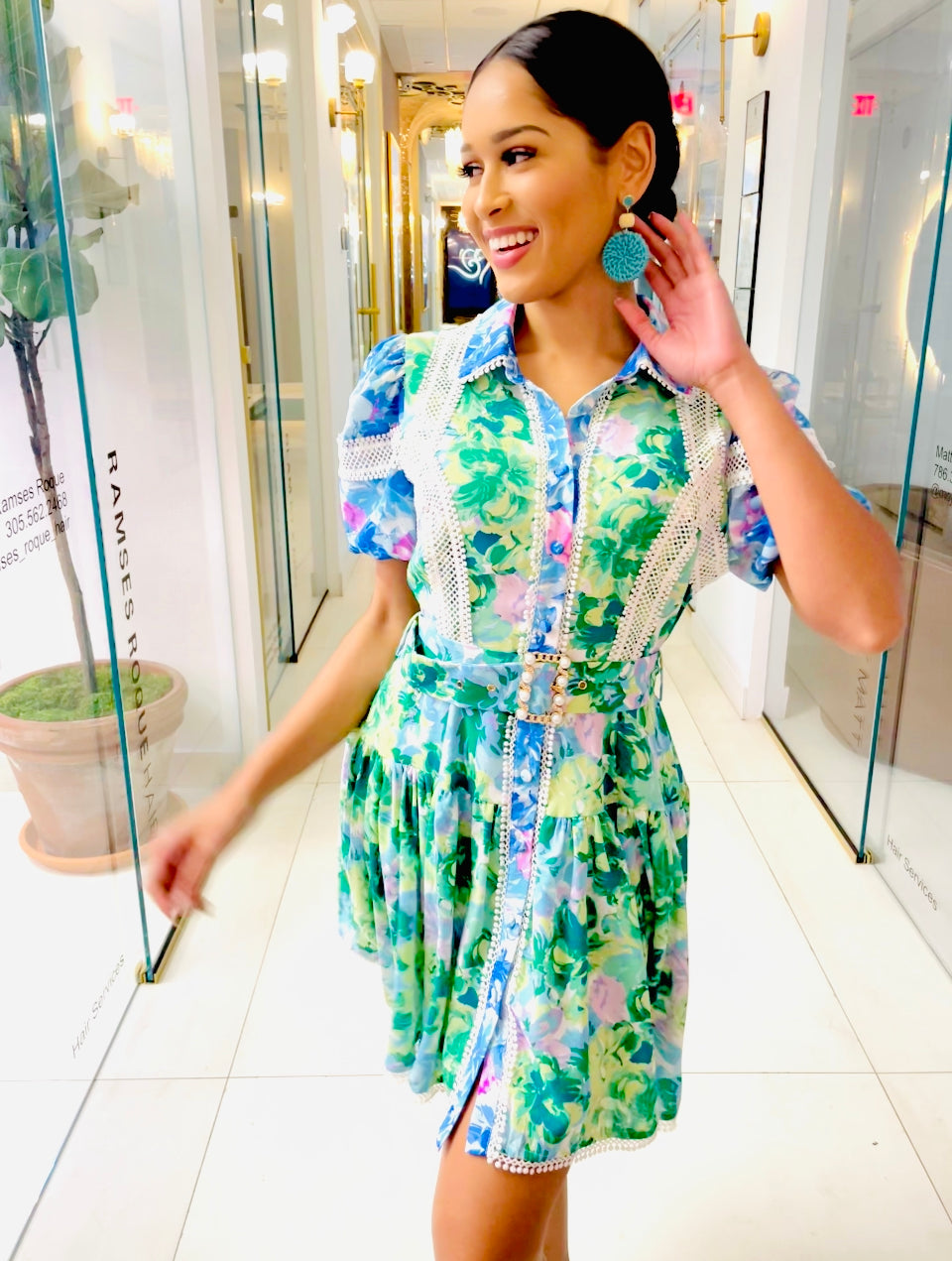 Celeste dress in green and blue floral print