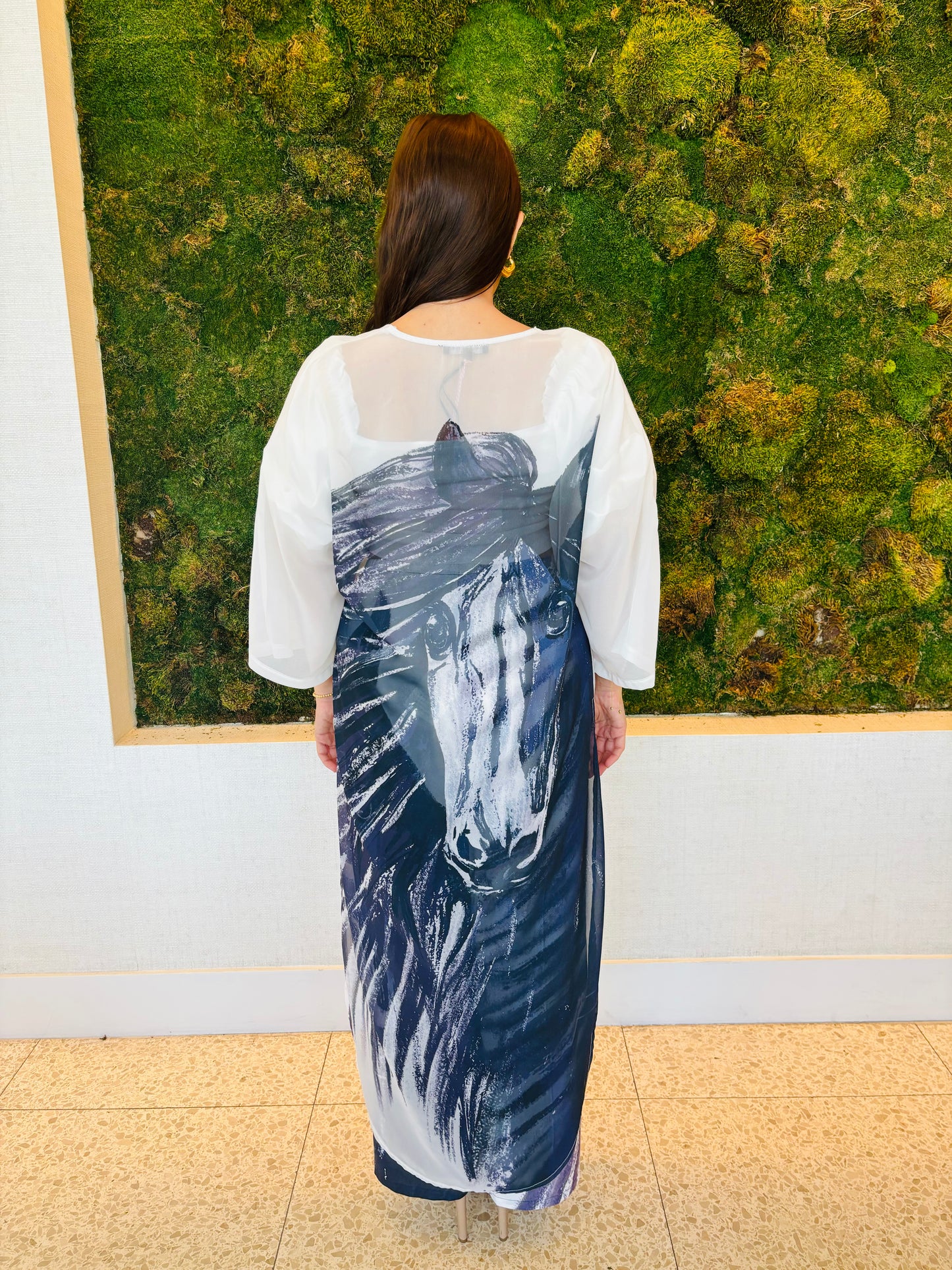 Jane black and white horse kimono print in chiffon