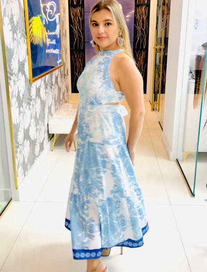 Rachel blue print cutout maxi dress