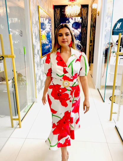 Maria dress in red florals and waited belt midi dress