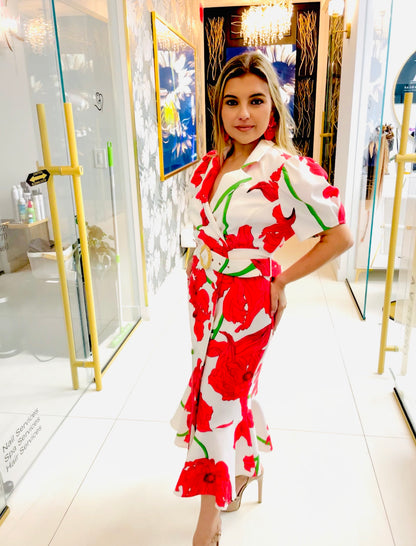 Maria dress in red florals and waited belt midi dress
