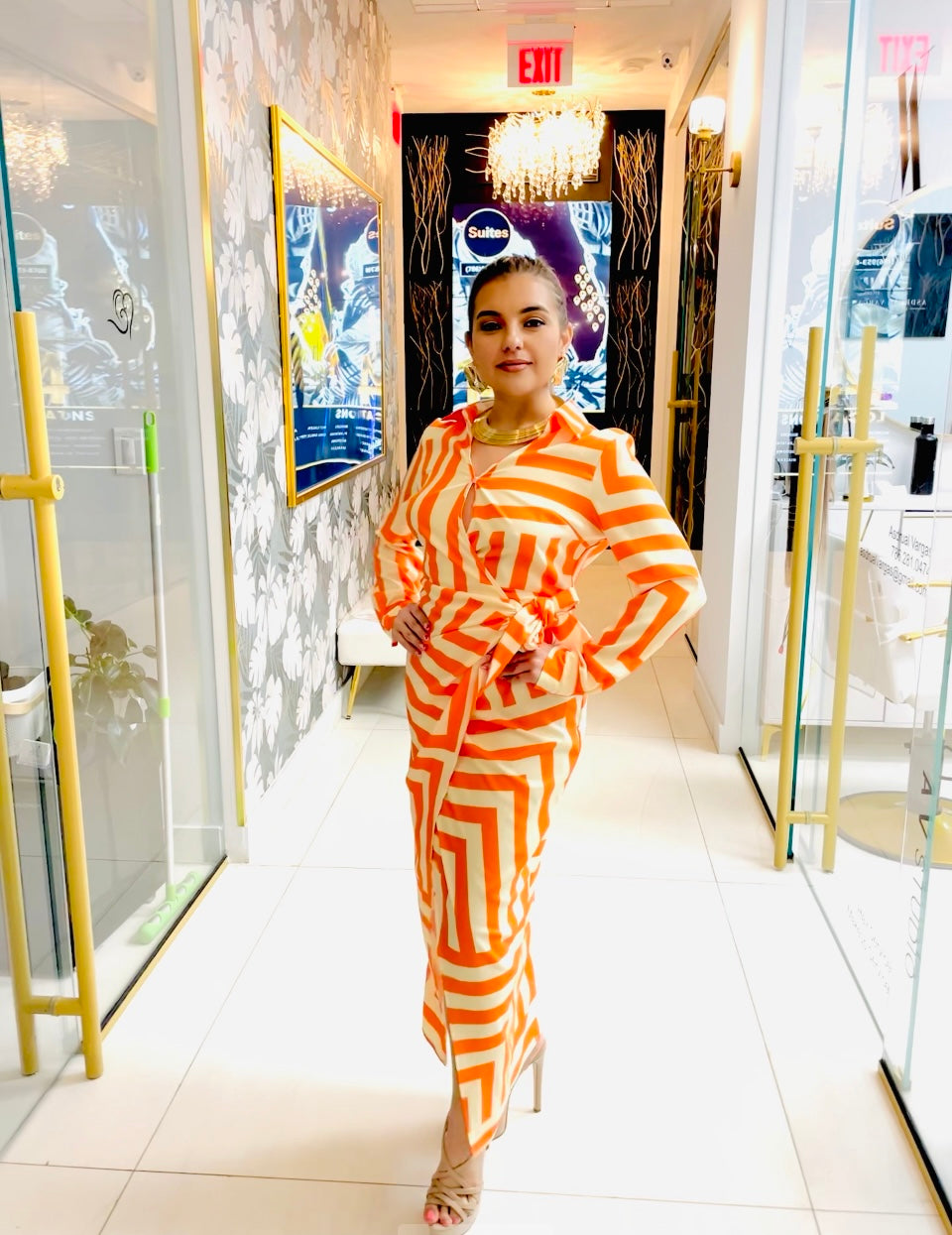 Melania orange print wrap dress
