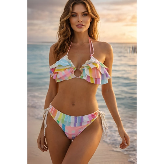 Charlotte Multicolor Pastel Striped Ruffle Bikini Set