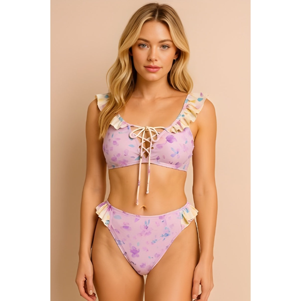 Arianna Purple Floral Lace-Up Ruffle Bikini Set