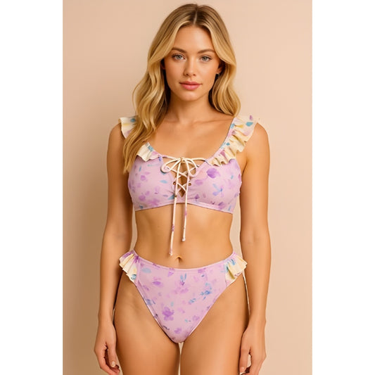 Arianna Purple Floral Lace-Up Ruffle Bikini Set